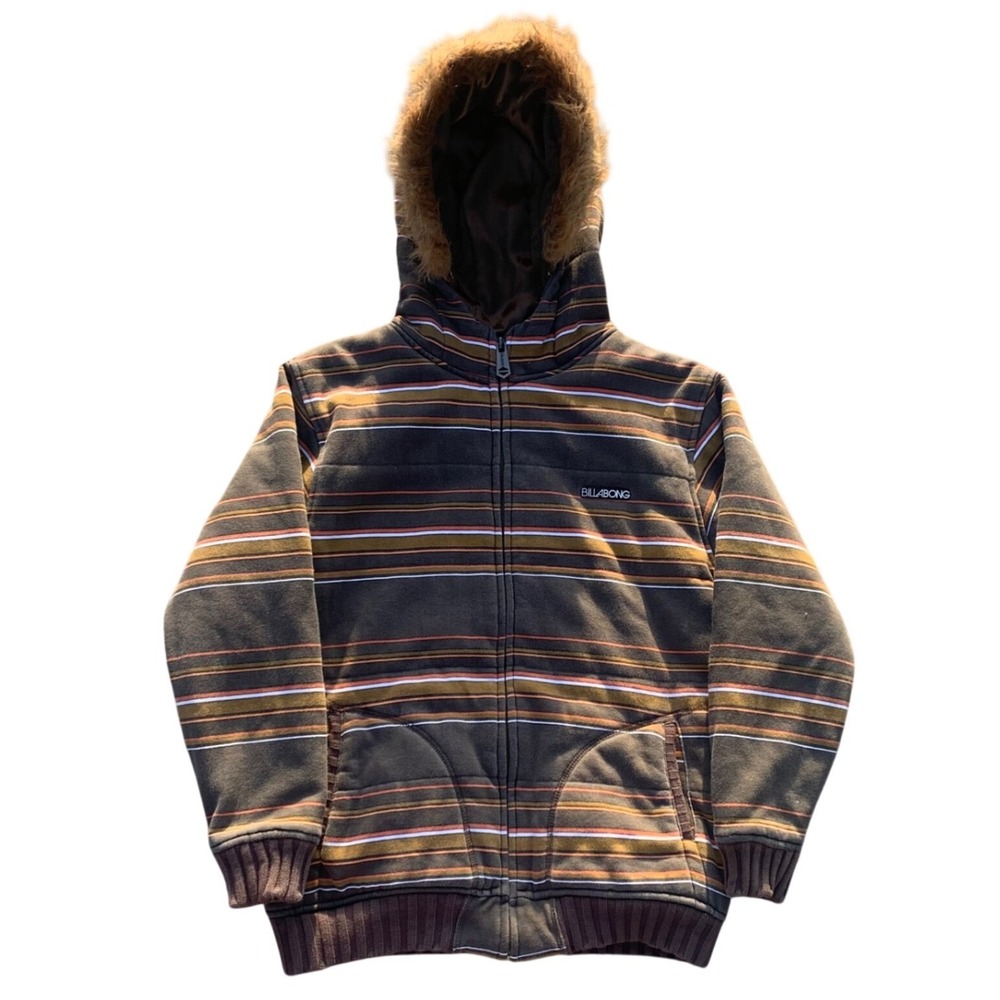 VTG Billabong Mens Striped Full Zip Hoodie Faux Fur Trim Detachable Hood Brown L